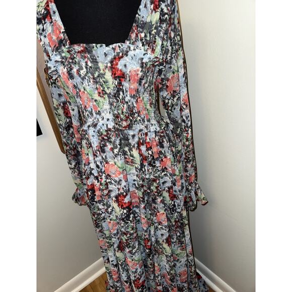 Cinq à Sept Leigh Floral Print Ruffle Maxi Dress 6 Smocked Slit Sleeve Prairie - Picture 3 of 7